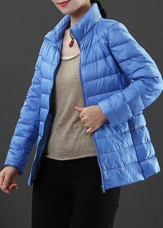 Fine Winter Jacket Overcoat Light Blue Stand Collar Zippered Duck Down Coat