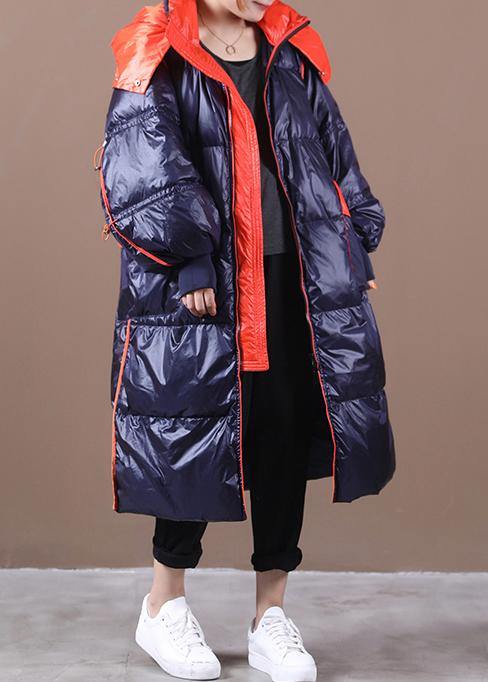 Parka Overcoat Dark Blue Hooded Patchwork Goose Down Coat