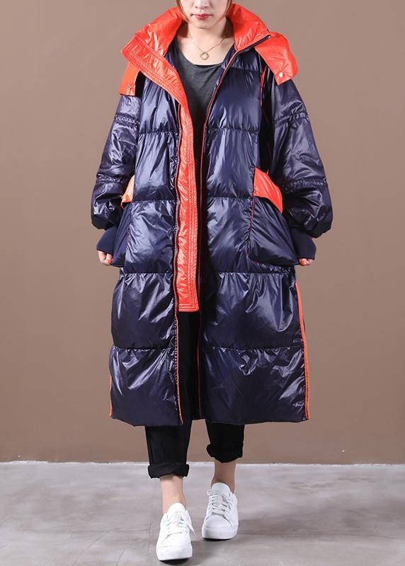 Parka Overcoat Dark Blue Hooded Patchwork Goose Down Coat