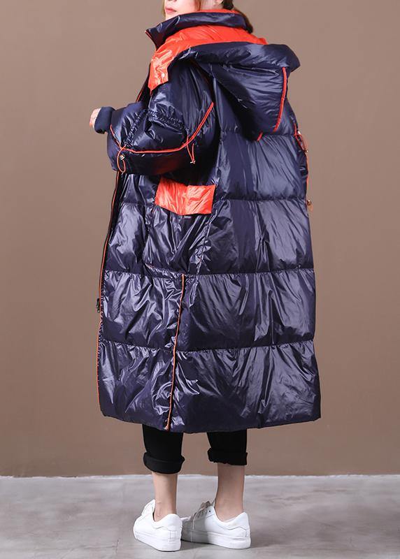 Parka Overcoat Dark Blue Hooded Patchwork Goose Down Coat