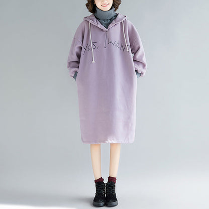 Fine Purple Long Sleeve Cotton Dress False Two Pieces Spring Dress Hooded Dresses