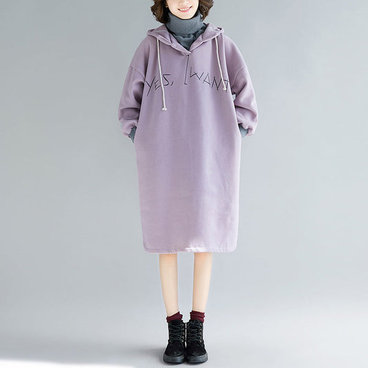 Fine Purple Long Sleeve Cotton Dress False Two Pieces Spring Dress Hooded Dresses