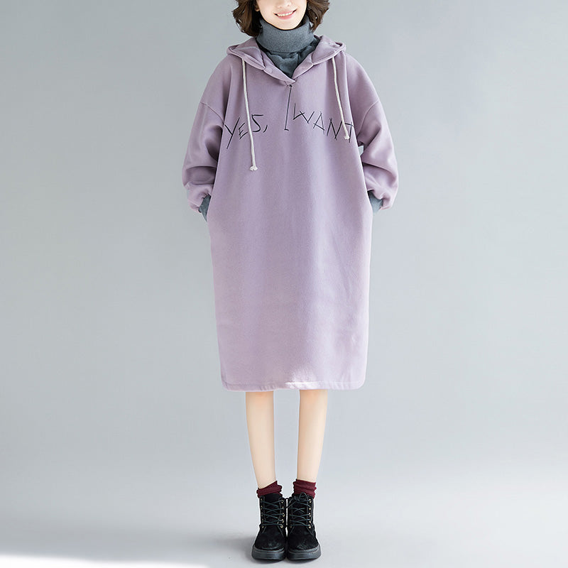 Fine Purple Long Sleeve Cotton Dress False Two Pieces Spring Dress Hooded Dresses