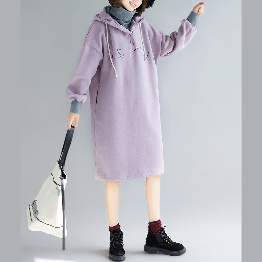 Fine Purple Long Sleeve Cotton Dress False Two Pieces Spring Dress Hooded Dresses