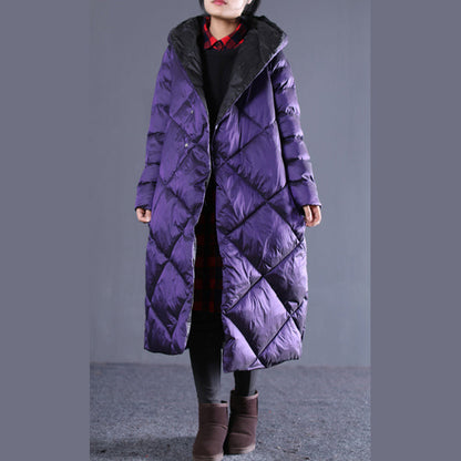 Fine Purple Winter Oversize Hooded Parka Pockets Zippered Cotton Overcoat