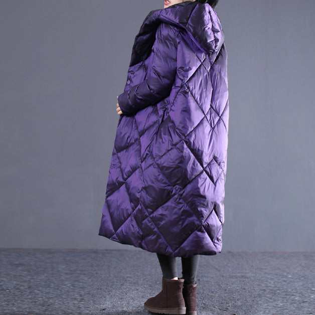 Fine Purple Winter Oversize Hooded Parka Pockets Zippered Cotton Overcoat