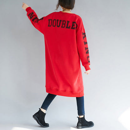 Fine Red Cotton Spring Dress Loose Fitting Cotton Caftans Alphabet Prints Cotton Clothing O Neck Dresses