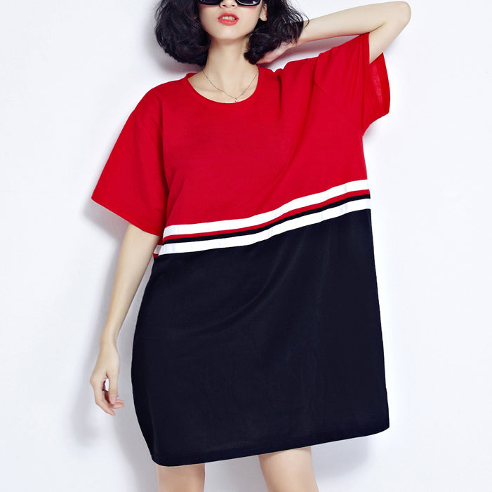 Fine Red Patchwork Cotton Shift Dresses Holiday Dresses Fine Loose Waist Short Sleeve Natural Cotton Dress
