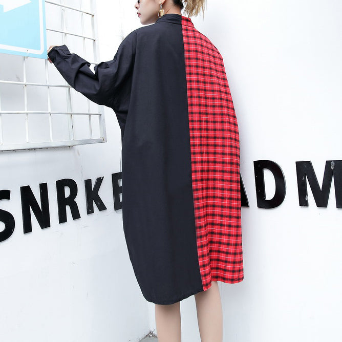 Fine Red Plaid Cotton Pullover Loose Fitting Cotton Maxi T Shirts Fine Side Open Patchwork Cotton Blouses