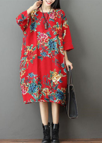 Fine Red Prints Midi-length Linen Dress Holiday O Neck Linen Cotton Dress