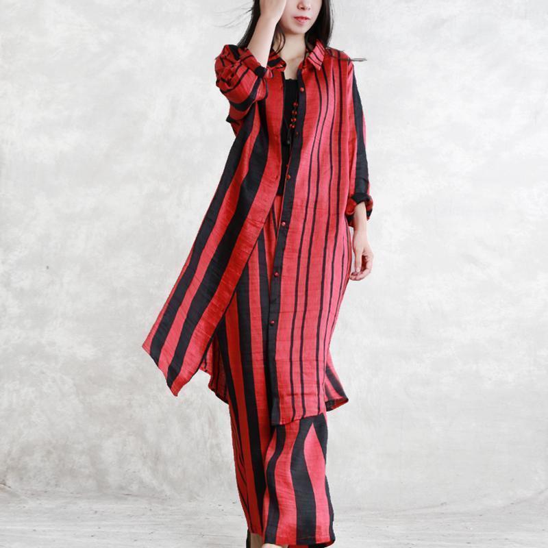 Fine Red Striped Silk Linen Two Pieces Tops Long Sleeve Turn-down Collar Silk Linen Tops Baggy Pants