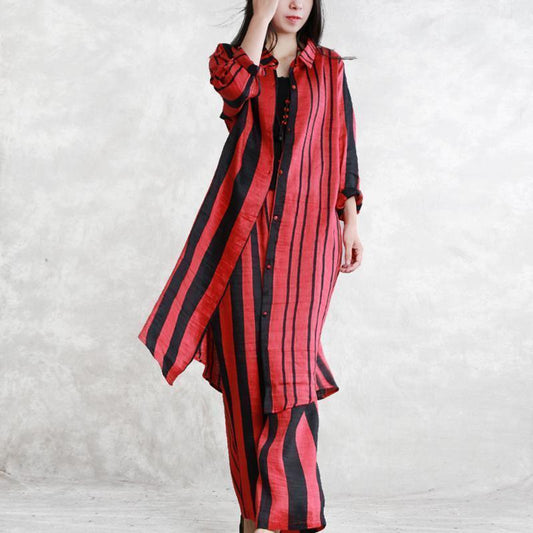 Fine Red Striped Silk Linen Two Pieces Tops Long Sleeve Turn-down Collar Silk Linen Tops Baggy Pants