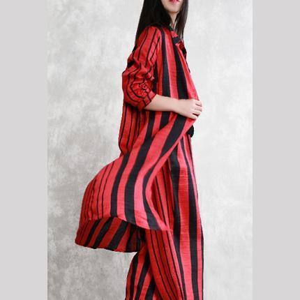 Fine Red Striped Silk Linen Two Pieces Tops Long Sleeve Turn-down Collar Silk Linen Tops Baggy Pants