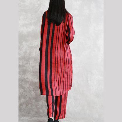 Fine Red Striped Silk Linen Two Pieces Tops Long Sleeve Turn-down Collar Silk Linen Tops Baggy Pants