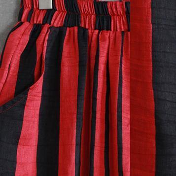 Fine Red Striped Silk Linen Two Pieces Tops Long Sleeve Turn-down Collar Silk Linen Tops Baggy Pants