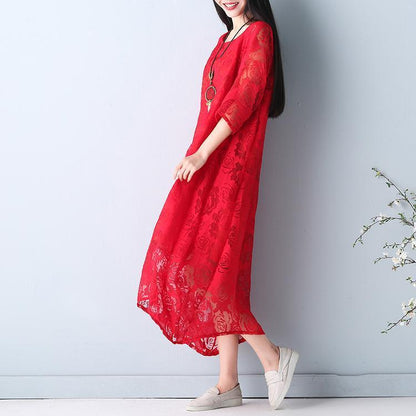 Fine Red Summer Hollow Out Maxi Dress O Neck Half Sleeve Summer Dress Asymmetric Chiffon Dress
