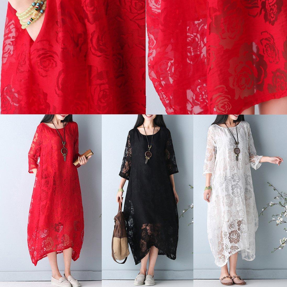 Fine Red Summer Hollow Out Maxi Dress O Neck Half Sleeve Summer Dress Asymmetric Chiffon Dress