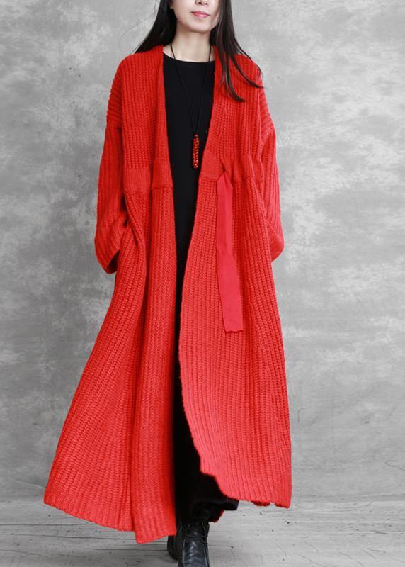 Fine Red Woolen Coats Loose Fitting V Neck Drawstring Long Jackets Coats