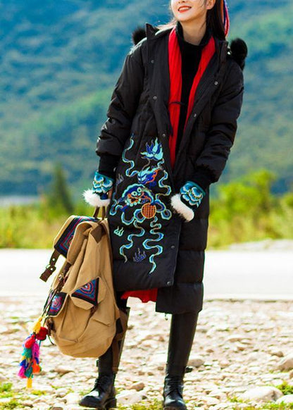 Fine Snow Jackets Embroidery Overcoat Black Hooded Duck Down Coat