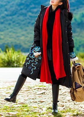 Fine Snow Jackets Embroidery Overcoat Black Hooded Duck Down Coat