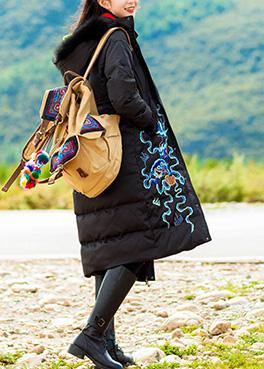 Fine Snow Jackets Embroidery Overcoat Black Hooded Duck Down Coat
