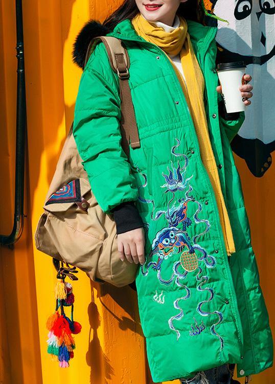 Fine Snow Jackets Embroidery Overcoat Green Hooded Duck Down Coat