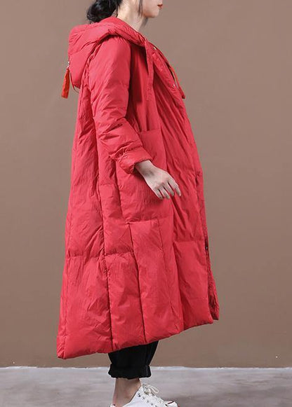 Snow Jackets Winter Outwear Red Hooded Large Pockets Goose Down Coat