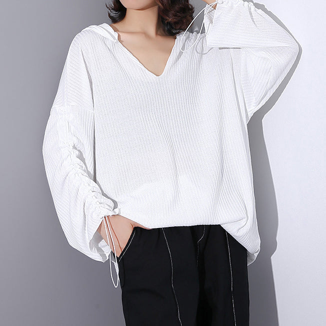 Fine White Midi-length Cotton Blended T Shirt Oversized Hooded Baggy Traveling Clothing Long Sleeve Asymmetrical Design Cotton Blended Tops