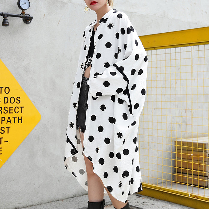 Fine White Cotton Dotted Prints Thin Cardigans Oversized Linen Batwing Sleeve Trench Coat Stand Collar Coats