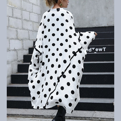 Fine White Cotton Dotted Prints Thin Cardigans Oversized Linen Batwing Sleeve Trench Coat Stand Collar Coats