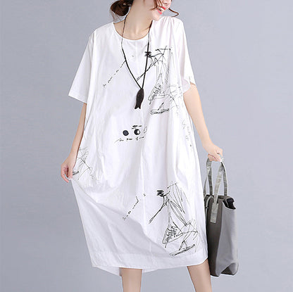 Fine White Cotton Dress Traveling Dress O Neck Prints Natural Cotton Dress