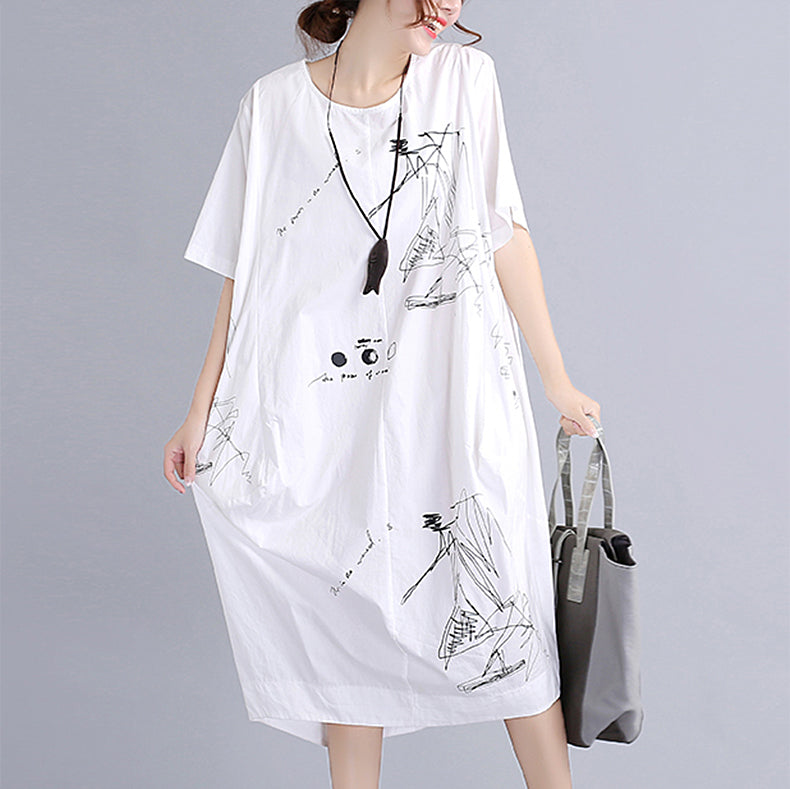 Fine White Cotton Dress Traveling Dress O Neck Prints Natural Cotton Dress