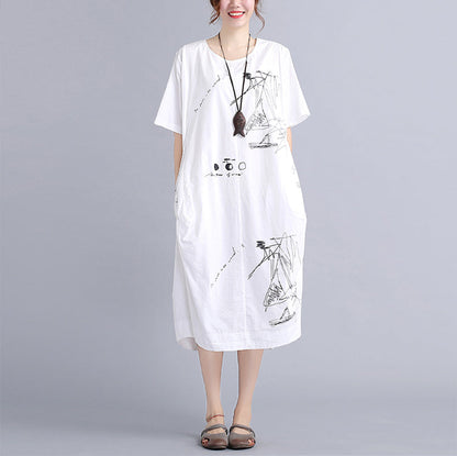 Fine White Cotton Dress Traveling Dress O Neck Prints Natural Cotton Dress