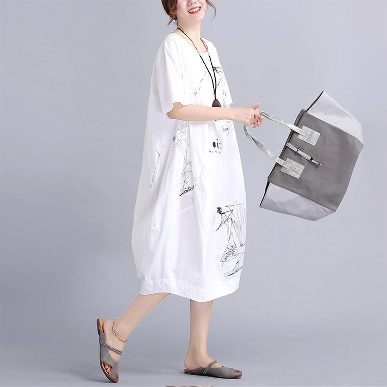 Fine White Cotton Dress Traveling Dress O Neck Prints Natural Cotton Dress