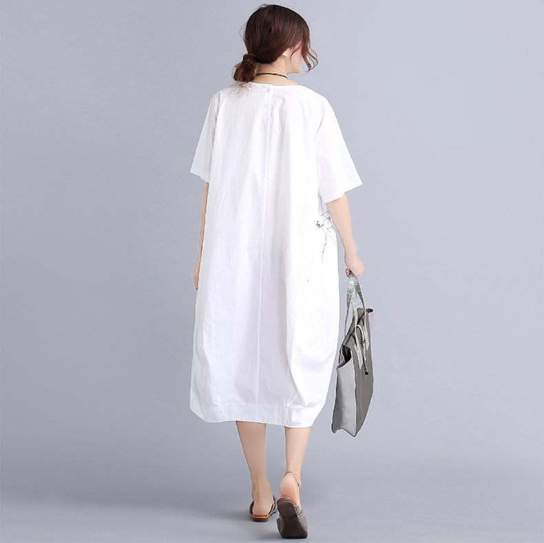 Fine White Cotton Dress Traveling Dress O Neck Prints Natural Cotton Dress
