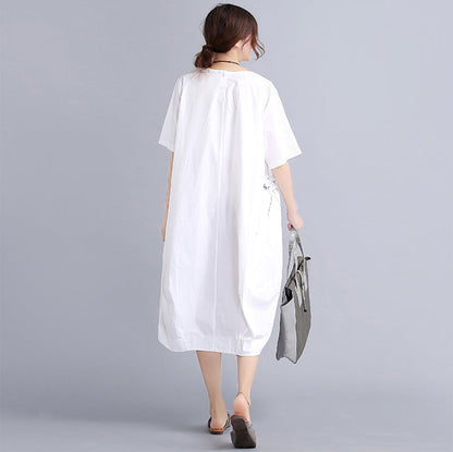 Fine White Cotton Dress Traveling Dress O Neck Prints Natural Cotton Dress
