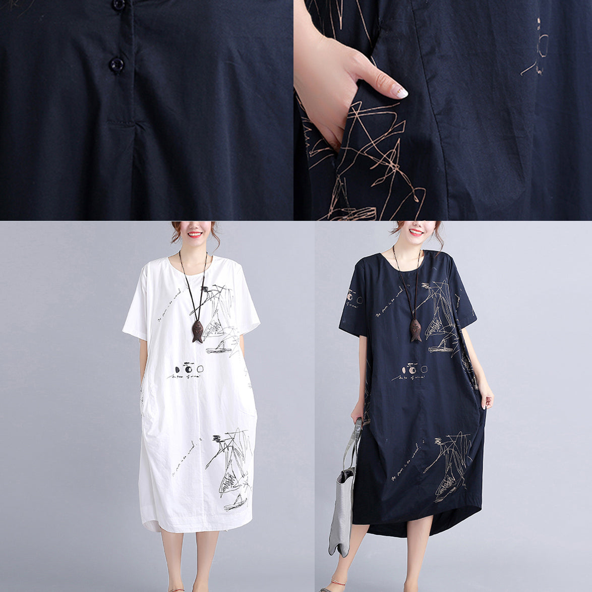 Fine White Cotton Dress Traveling Dress O Neck Prints Natural Cotton Dress