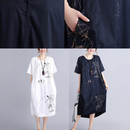 Fine White Cotton Dress Traveling Dress O Neck Prints Natural Cotton Dress