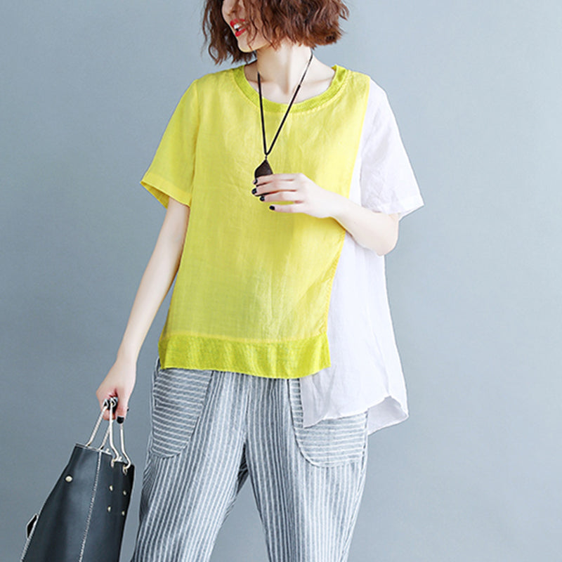 Fine Yellow Cotton Linen Tops Linen Clothing Tops O Neck Patchwork Short Sleeve Brief T Shirt