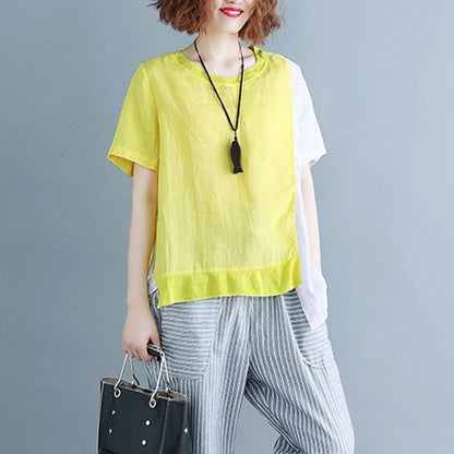 Fine Yellow Cotton Linen Tops Linen Clothing Tops O Neck Patchwork Short Sleeve Brief T Shirt