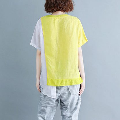 Fine Yellow Cotton Linen Tops Linen Clothing Tops O Neck Patchwork Short Sleeve Brief T Shirt