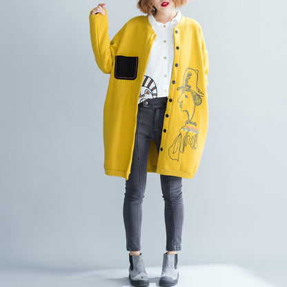 Fine Yellow Cotton Tops Cotton O Neck Print Button Down T Shirt