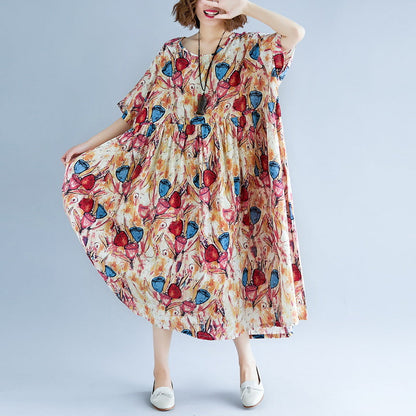 Fine Yellow Long Cotton Linen Dress Oversize Short Sleeve Baggy Dresses Print Gown O Neck Traveling Dress