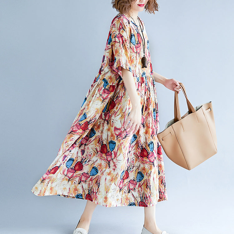 Fine Yellow Long Cotton Linen Dress Oversize Short Sleeve Baggy Dresses Print Gown O Neck Traveling Dress