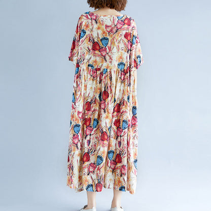 Fine Yellow Long Cotton Linen Dress Oversize Short Sleeve Baggy Dresses Print Gown O Neck Traveling Dress