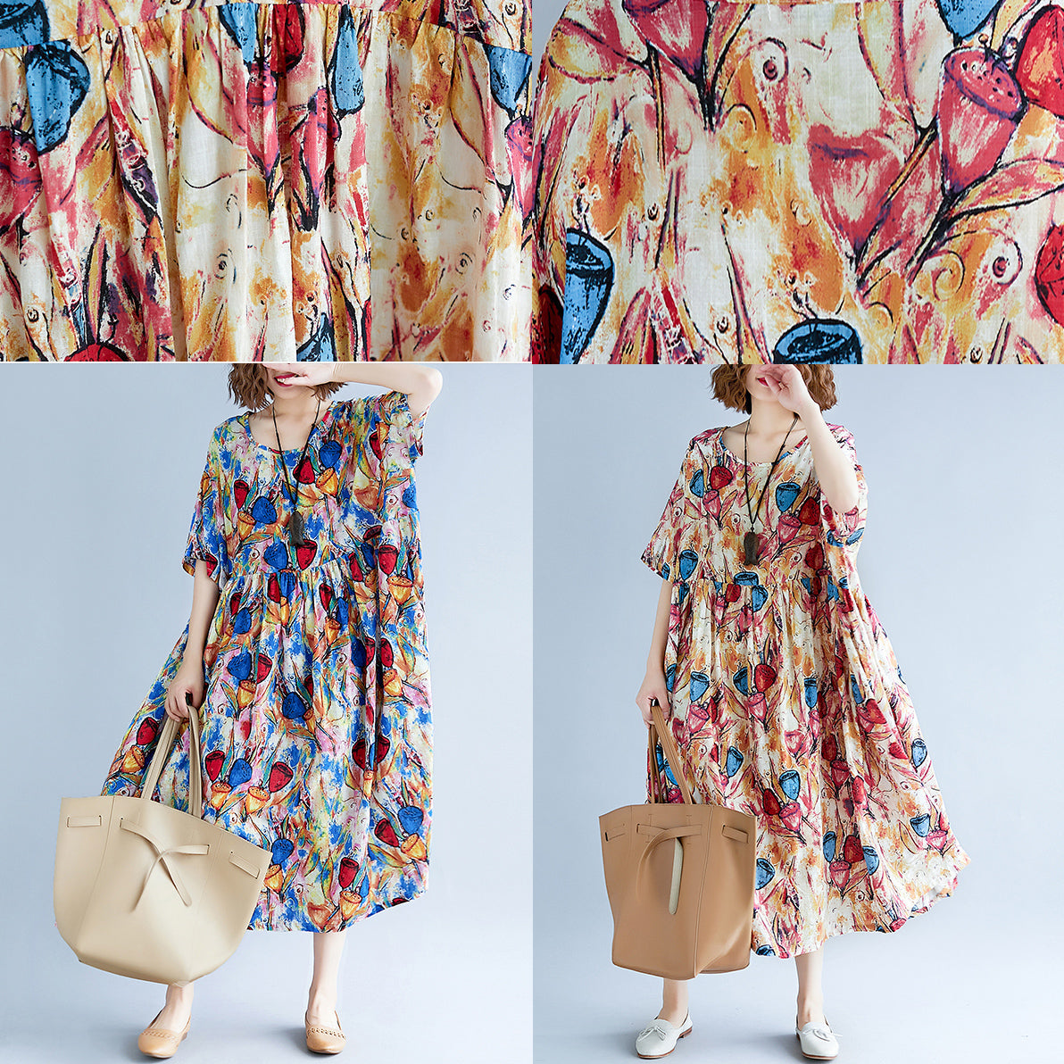 Fine Yellow Long Cotton Linen Dress Oversize Short Sleeve Baggy Dresses Print Gown O Neck Traveling Dress