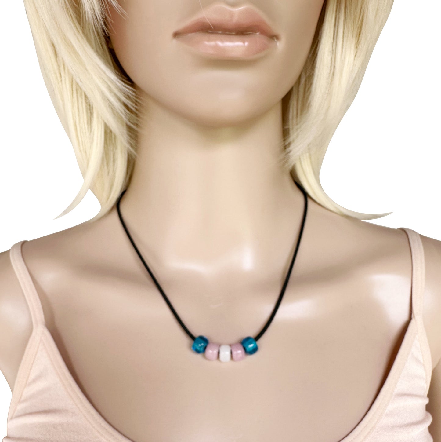Transgender Pride/trans Ally Necklace With Czech Glass Beads on Black Rubber Cord, 18 Inches