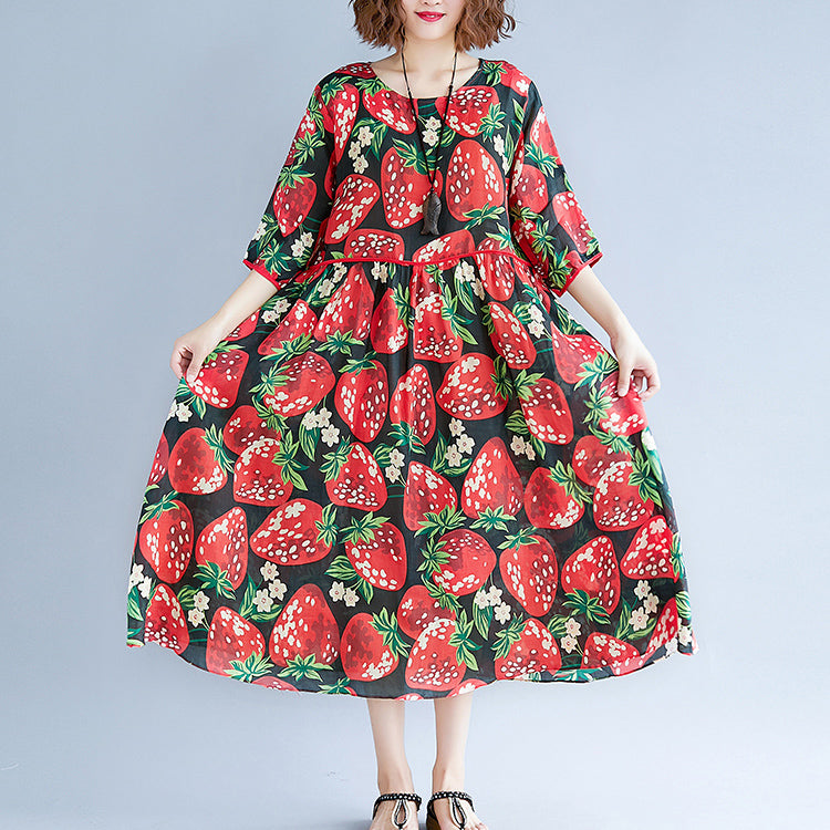 Black Silk Blended Summer Dress O Neck Short Sleeve Summer Dress Print Baggy Dresses