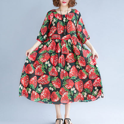 Black Silk Blended Summer Dress O Neck Short Sleeve Summer Dress Print Baggy Dresses