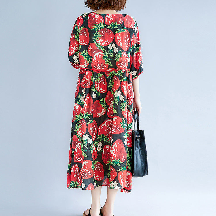 Black Silk Blended Summer Dress O Neck Short Sleeve Summer Dress Print Baggy Dresses